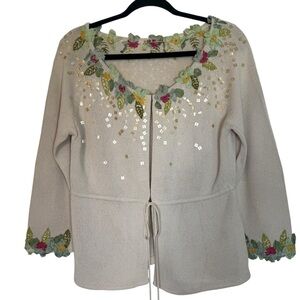 Meritage Tie Front Medium Cardigan Sweater With Floral Ribbon Sequin Accents